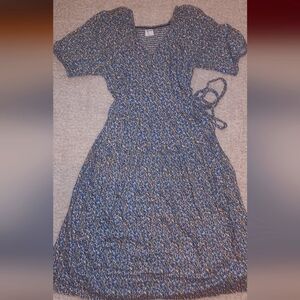 Old Navy Blue Midi Dress Large Cottagecore Print Wrap Cotton Natural